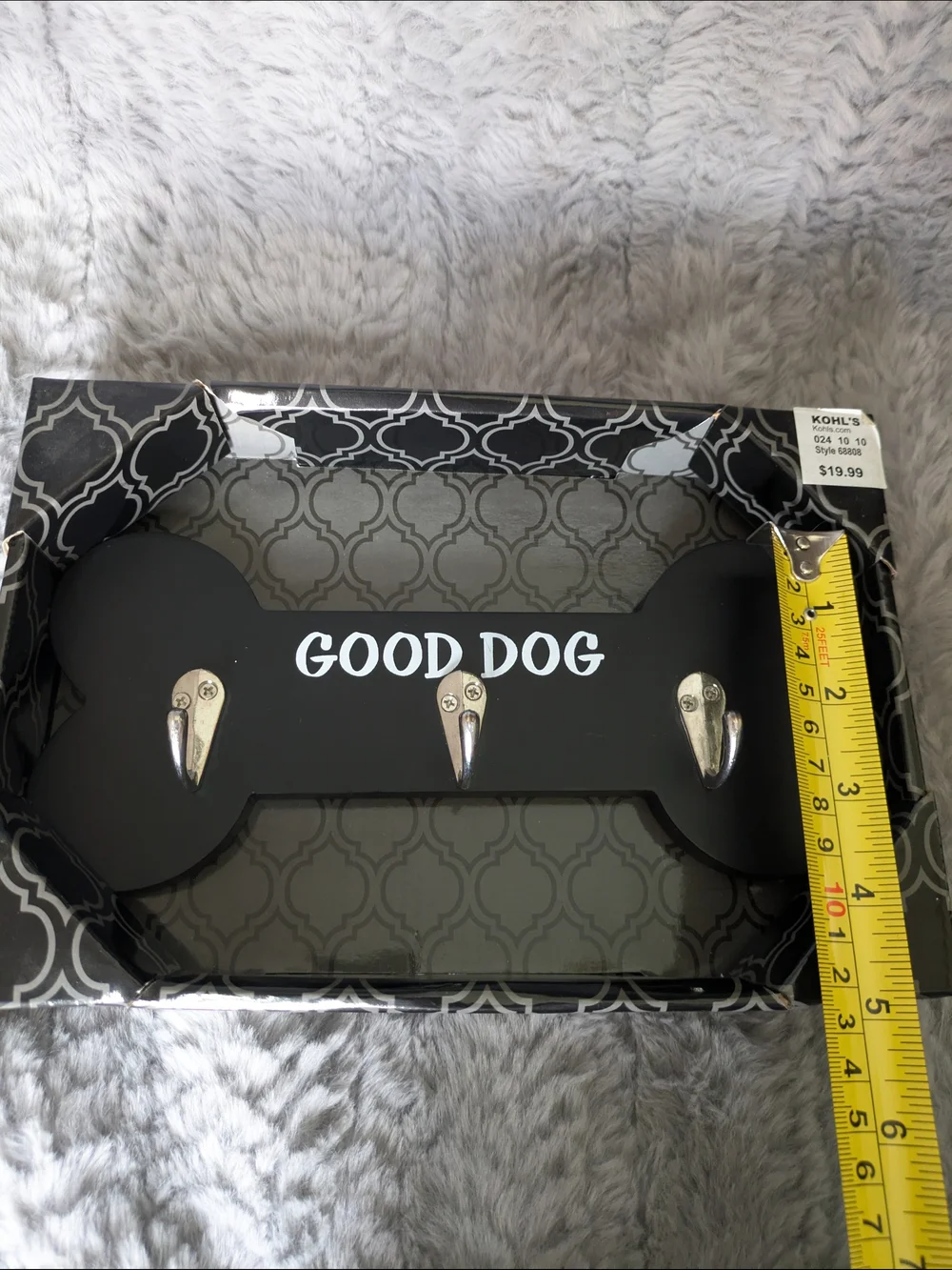 GOOD DOG Black Bone Wall Hook Rack with Three Metal Hooks NWT
